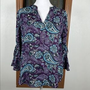 41 Hawthorn Paisley Floral Blouse Petite Small Bell Sleeve Purple Boho Top SP